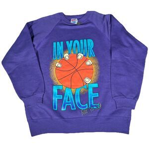 Vintage Hanes Men’s M Purple In Your Face Basketball Crewneck Sweatshirt USA 90s